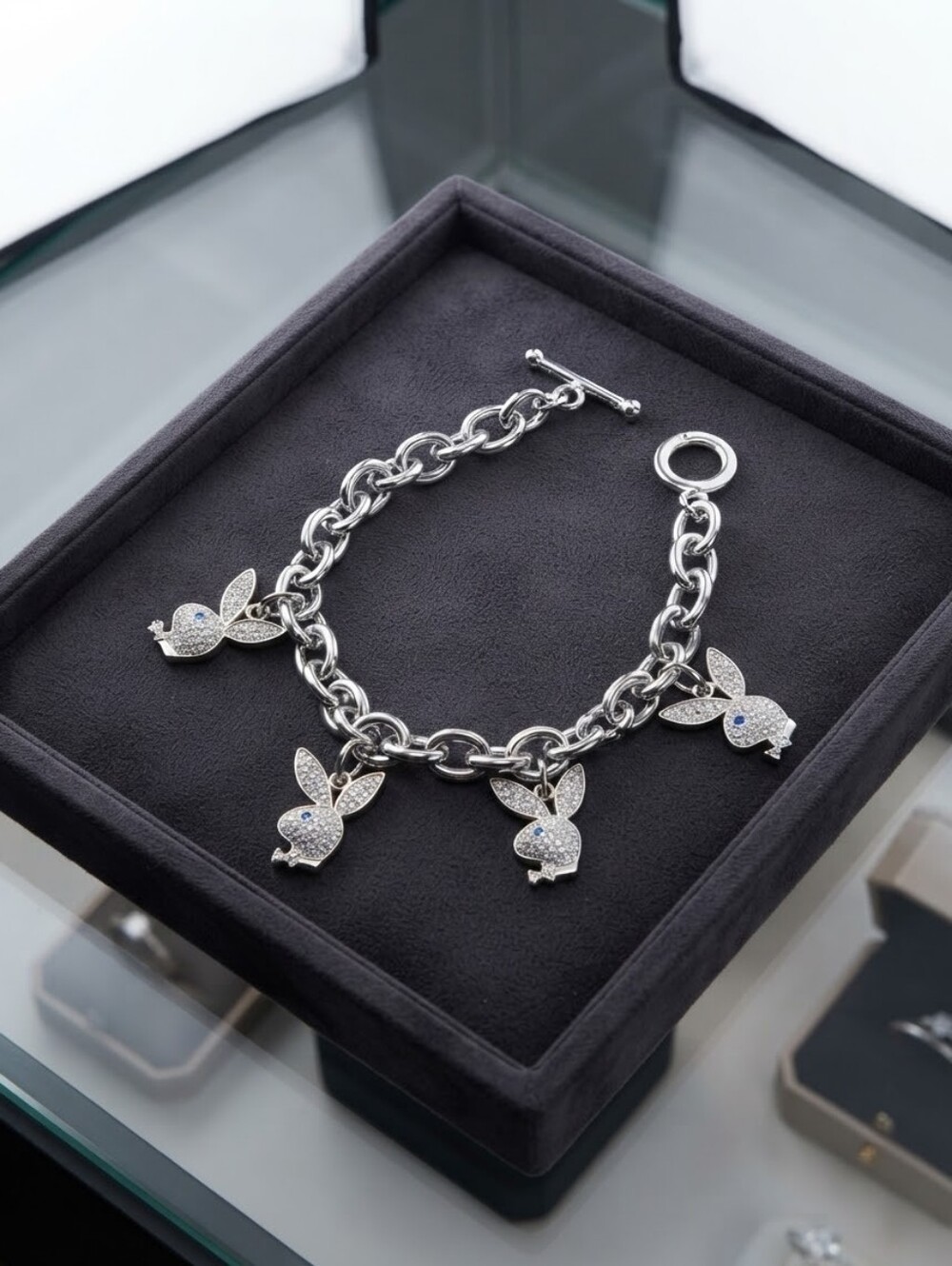 ​Playboy Bunny Rhinestone Charm Bracelet Silver Tone Toggle Y2K Bling